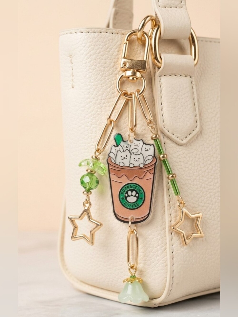 Kawaii Puppuccino Coffee Bag Charm & Keychain | Gold Tone & Green